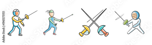 Fencing sport icons with athletes and crossed swords in dynamic poses