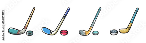 Four hand-drawn hockey sticks and pucks in various colors and styles.