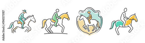 Equestrian sport icons: horse riding, jockey, and shield emblems in simple line art.