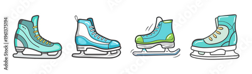 Ice hockey skates and figure skates in various styles, winter sports equipment.