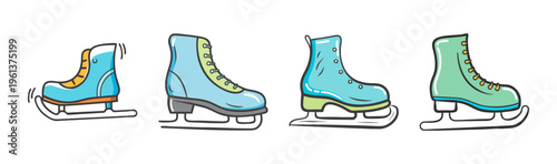 Collection of ice skates and figure skates in different designs and colors.