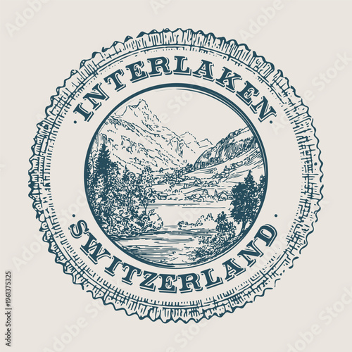 Interlaken Postage Stamp Featuring the Bernese Oberland Alps Between Lake Thun and Lake Brienz.