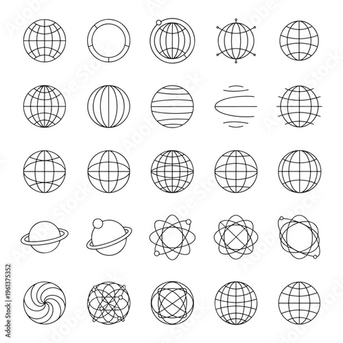 Globe Wireframe Line Icons Set, Abstract Sphere Orbit Network Logo Symbols Vector Collection