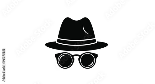 Vector illustration of detective or spy icon with fedora hat and round sunglasses