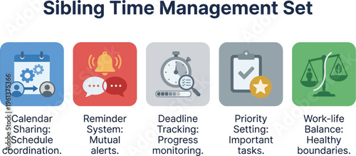 A set of colorful vector icons represents various aspects of digital time management, such as scheduling, reminders, and priority setting.