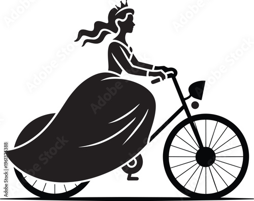 Classic cartoon style illustration of a queen riding a bicycle in profile view, holding a fan