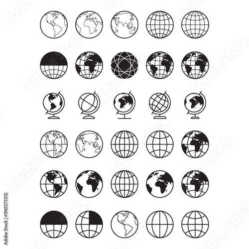 Globe Earth Icons Set, World Map Grid Sphere Outline Vector Collection