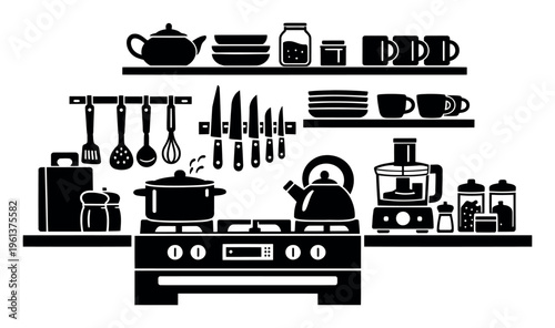 Modern kitchen scene featuring various cooking equipment, food preparation tools, dishes, and storage containers on shelves and countertop