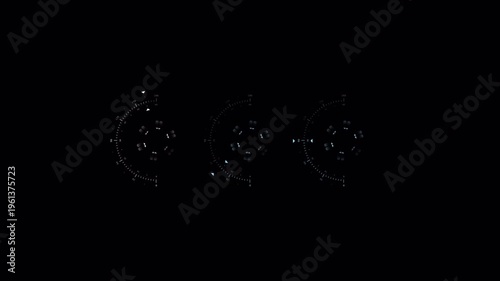 Futuristic HUD interface with circular data elements and digital particles on dark background. Ideal for sci-fi visuals, tech UI, and cinematic overlays.