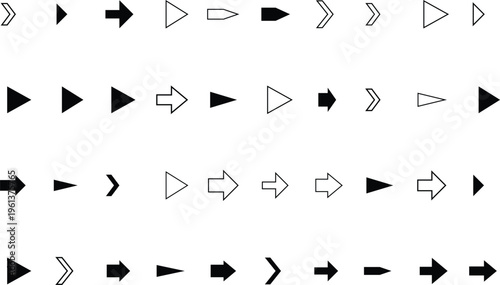 A comprehensive collection of diverse black and white arrow symbols arranged in neat rows