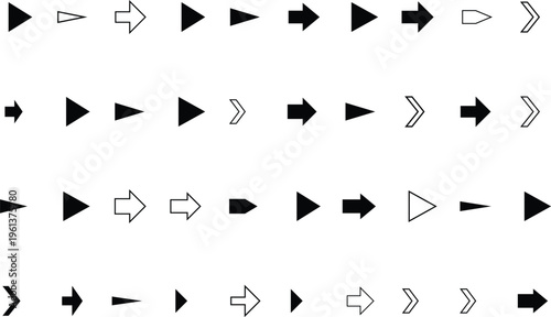 A comprehensive range of right pointing arrow symbols presented as a monochromatic icon set on white