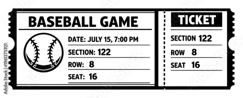 Baseball game ticket with date, section, row, and seat information. Black and white icon for sports event admission