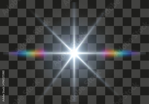 Brilliant bright optical light flare with horizontal colorful spectral dispersion on a clear transparent background