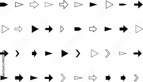 A diverse collection of black and white arrow symbols arranged neatly on a clear white background