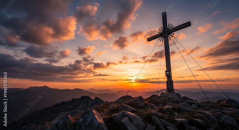 Obraz premium A mountaintop crucifix silhouetted against a dramatic sunset with layered clouds