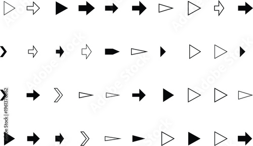 Multiple styles of monochrome right pointing arrow glyphs displayed in an ordered sequence across a bright background