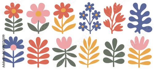 Collection of stylized floral and leaf shapes in muted colors