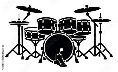 Drum kit creating a bold black silhouette, symbolizing musical performance, rhythm, and percussion instruments
