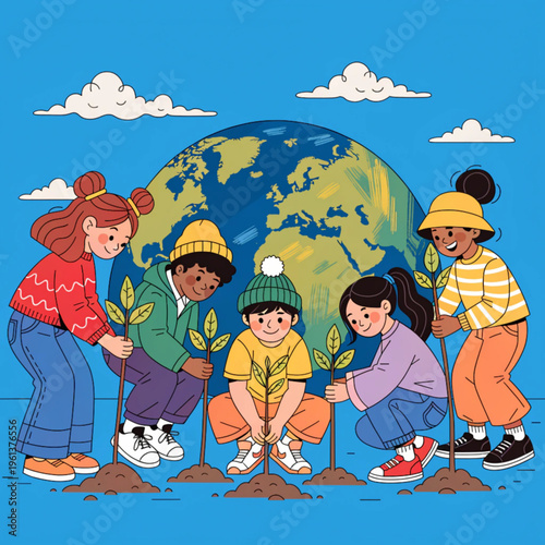 Group of diverse children planting young trees together in front of the earth globe illustration