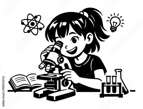 Young girl happily using a microscope with chemistry tools and an open book, symbolizing scientific curiosity and learning