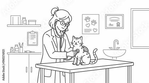 Veterinarian Examines Cat with Stethoscope in Animal Clinic Illustration, Pet Health Check-up