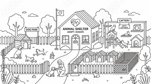 Animal shelter scene with dogs playing and cats in a cattery illustration