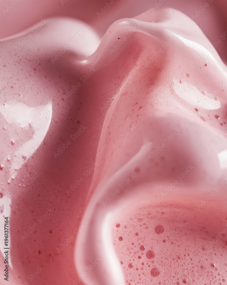 Fototapeta premium Extreme close-up of pink strawberry cold foam with airy texture and bubbles, showcasing smooth surface and creamy consistency in a soft-focus background