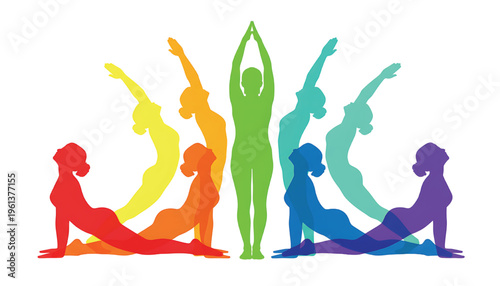 Silhouettes of women in colorful yoga poses, including Cobra and Upward Salute, arranged in a gradient.