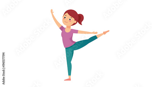 Girl practicing ballet pose with one leg extended and arm raised, performing graceful dance with focus and balance on white background.