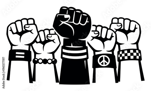 Raised fists representing different people joining forces for protest, resistance, and collective power for change