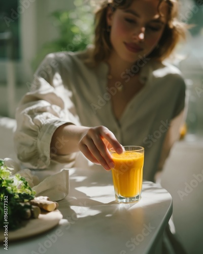 Young woman in soft linen clothing reaching for a glass of turmeric juice on a bright table with fresh herbs and ginger in a sunlit kitchen setting