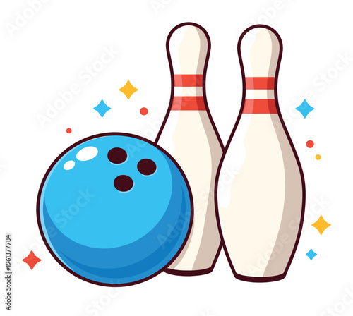 Blue bowling ball rolling towards white pins with red stripes, creating a sense of fun, leisure, and entertainment