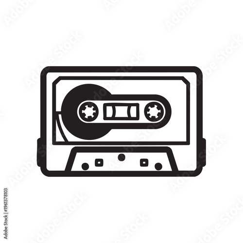 An illustration of a retro cassette tape is outlined in black on a white background.