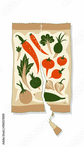 Colorful Variety of Fresh Vegetables Illustrated on a Torn Paper Surface Highlighting Natural Diversity and Organic Produce Options