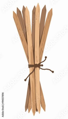 A neatly bundled collection of pointed wooden stakes tied together with a rustic rope, showcasing natural texture and crafting materials
