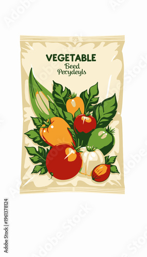 Artistic illustration of a vibrant assortment of fresh vegetables including peppers, tomatoes, and leafy greens on a package, evoking a sense of freshness and organic quality.