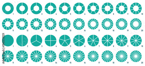 Pie chart color icons. Segment slice sign. Circle section graph. 1 to 20 sections or steps. Circle icons for infographic, UI, web design, business presentation. Vector illustration.