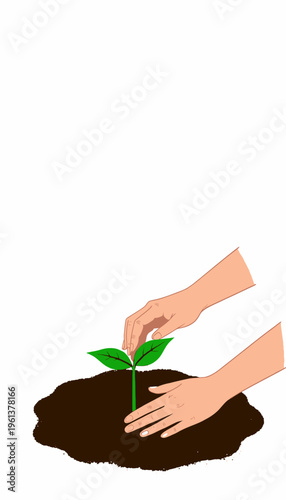 Illustration of Hands Planting a Small Green Seedling in Brown Soil Depicting Growth and Environmental Sustainability for Future Generations to Flourish
