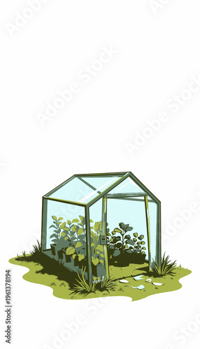 Illustration of a Small Greenhouse Filled with Vibrant Green Plants Under Clear Skies, Symbolizing Eco-Friendly Gardening and Sustainable Agriculture