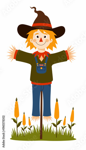 Whimsical scarecrow with a cheerful face, adorned with a wide-brimmed hat, overalls, and autumn corn stalk accents, standing tall amidst a rustic, pastoral setting