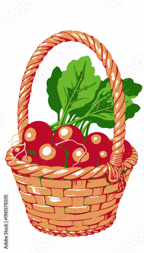 Illustration of a Rustic Woven Basket Brimming with Fresh Red Radishes and Vibrant Green Leaves, Evoking a Sense of Farm-Fresh Produce and Organic Harvest
