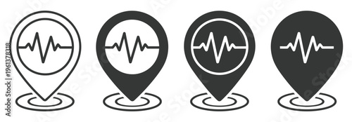 Earthquake pin location icon, map pin highlighting earthquake-affected area, tremor detection and hazard alert concept, simple modern flat design, vector illustration isolated on white.
