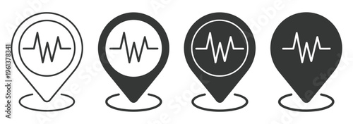 Earthquake pin location icon, map marker with seismic activity symbol, fault line or tremor indicator, disaster alert concept, geolocation and hazard monitoring, minimal flat design, vector 
