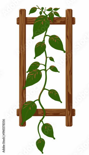 A Lush Green Climbing Vine with Vibrant Leaves Ascending a Wooden Trellis Structure in a Minimalistic Illustration