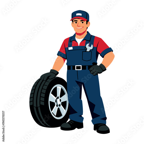 Auto mechanic professional standing, holding a tire and wearing a jumpsuit with a wrench. Ready for vehicle maintenance and repair