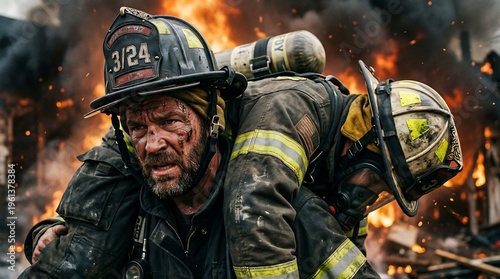The heroic feat of firefighters who save people by carrying them out of the fiery flames.