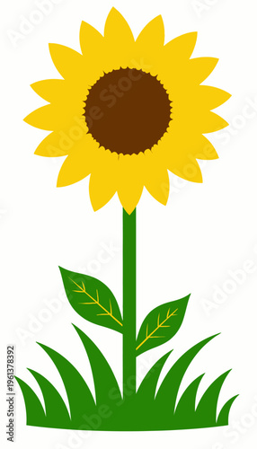Bright and Cheerful Sunflower Illustration with Vibrant Yellow Petals and Green Leaves Against a Simplistic White Background