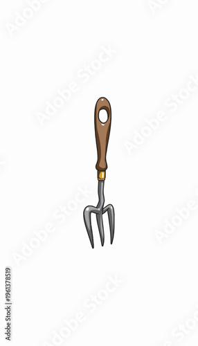 Illustration of a Wooden Handled Gardening Fork with Three Sturdy Metal Tines Isolated on a White Background