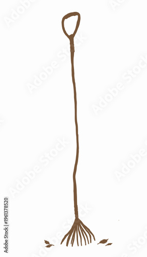 Illustrated Handheld Gardening Cultivator Tool with Wooden Handle and Metal Prongs for Soil Tilling and Weed Removal