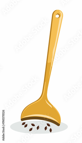 Illustration of a Wooden Spoon Scooping Small Brown Seeds on White Surface Background with Long Handle
